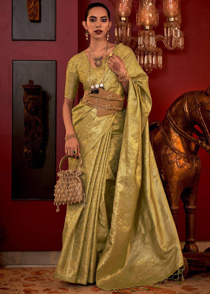 Avocado Green Zari Woven Banarasi Brocade Silk Saree | Stitched Blouse - qivii