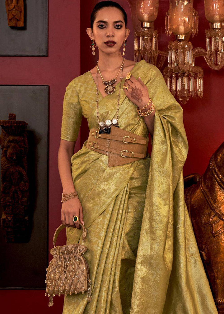 Avocado Green Zari Woven Banarasi Brocade Silk Saree | Stitched Blouse - qivii