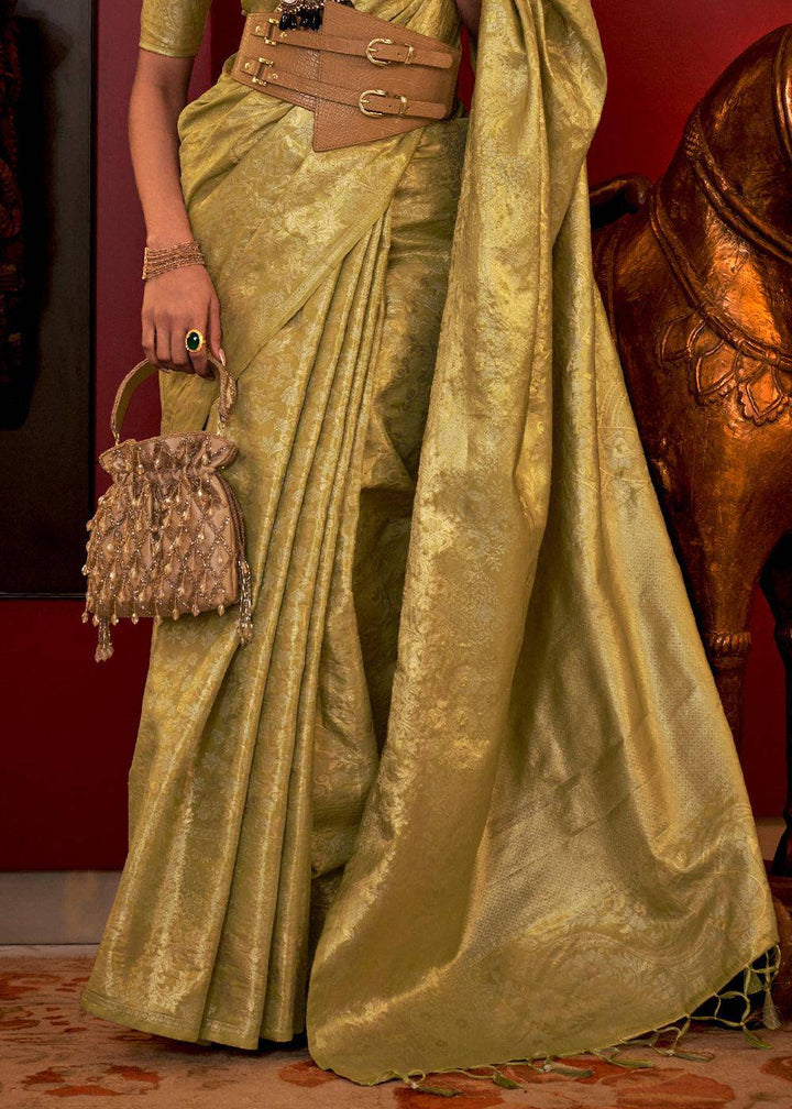 Avocado Green Zari Woven Banarasi Brocade Silk Saree | Stitched Blouse - qivii