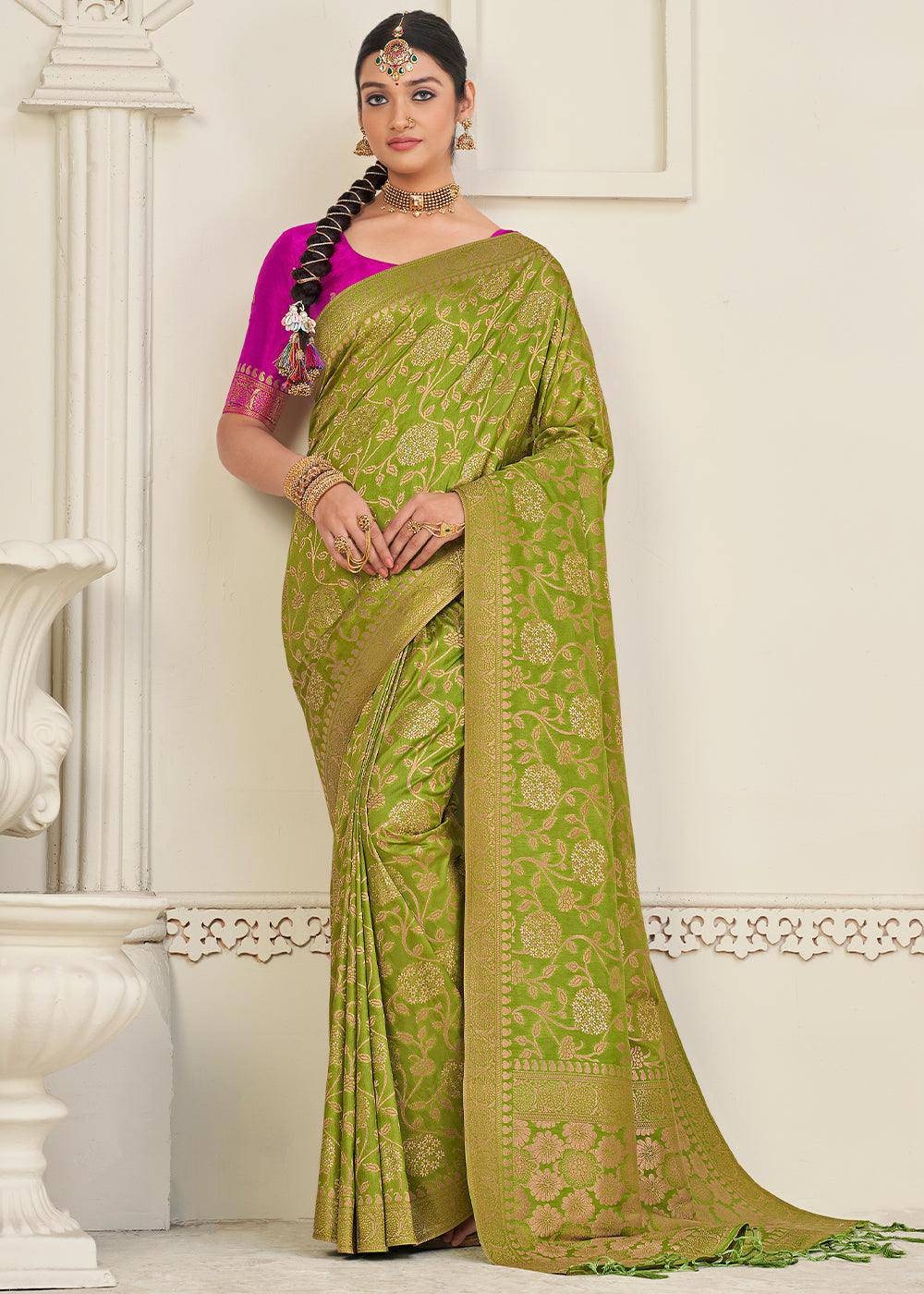 Avocado Green Zari Woven Dola Silk Saree | Stitched Blouse - qivii