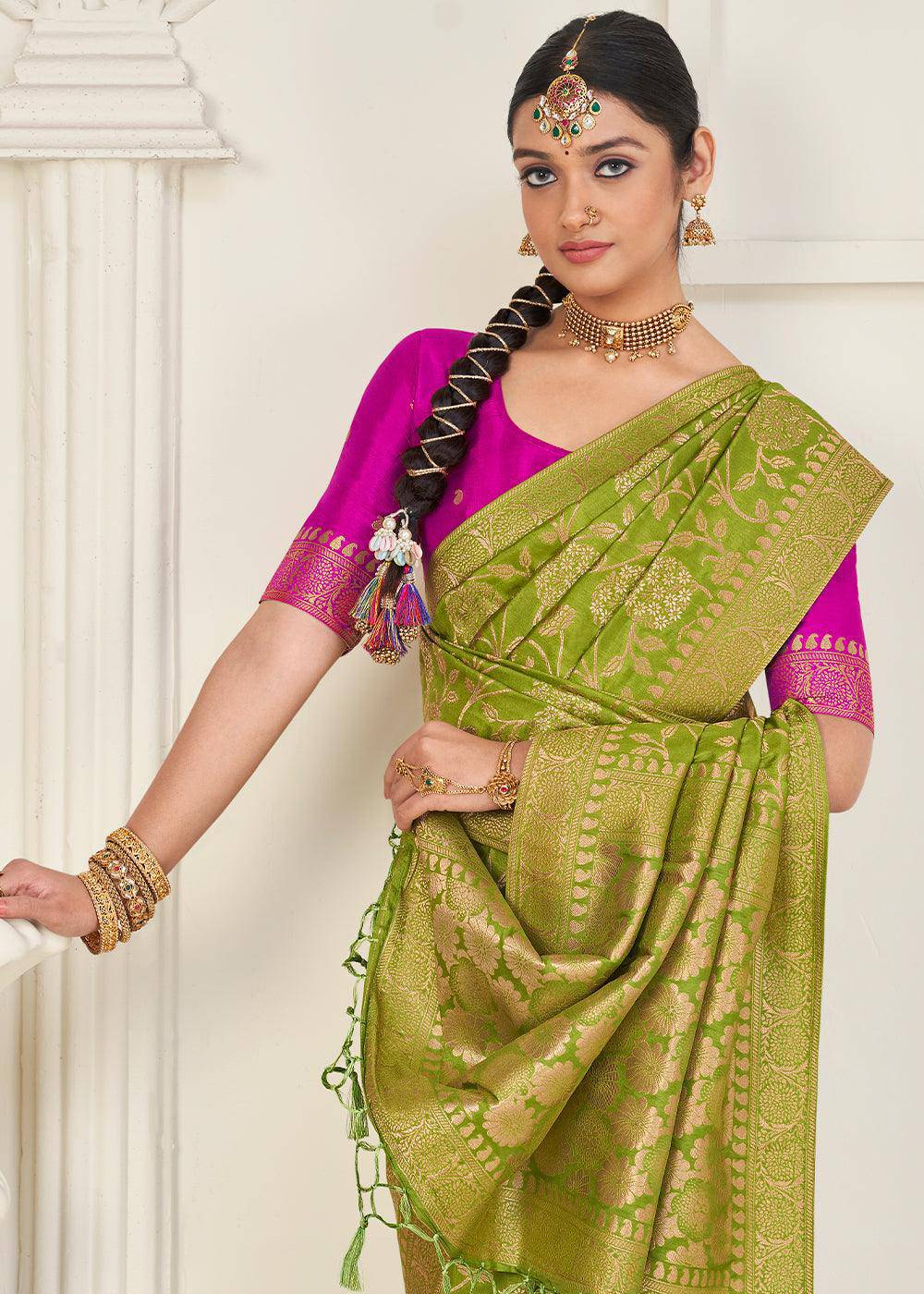 Avocado Green Zari Woven Dola Silk Saree | Stitched Blouse - qivii