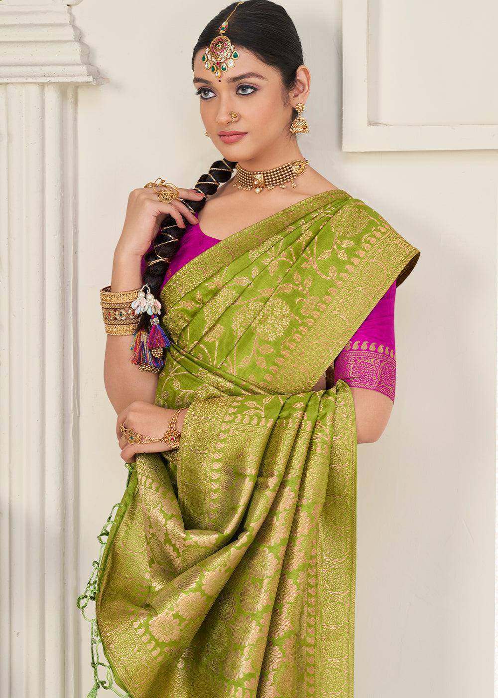 Avocado Green Zari Woven Dola Silk Saree | Stitched Blouse - qivii