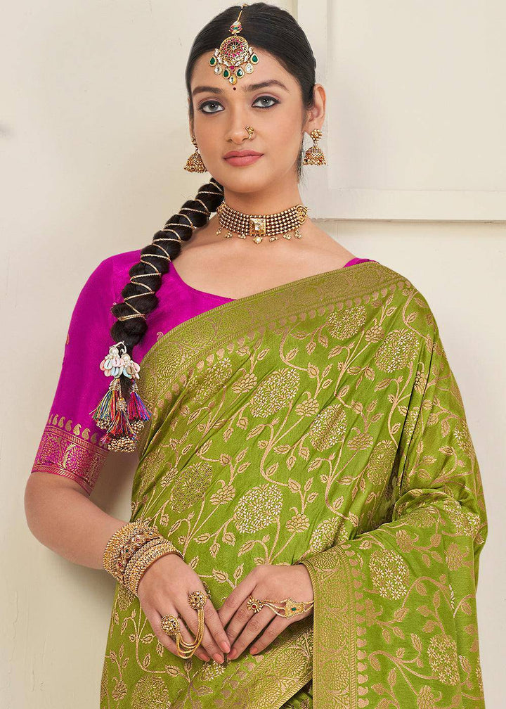 Avocado Green Zari Woven Dola Silk Saree | Stitched Blouse - qivii