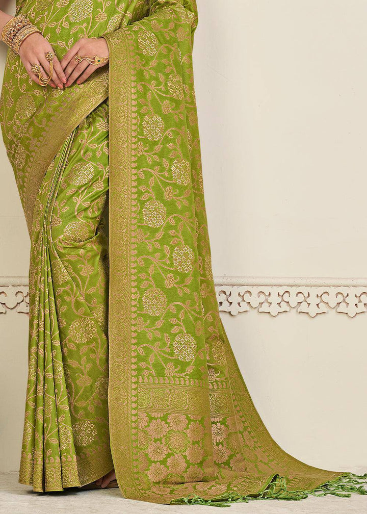 Avocado Green Zari Woven Dola Silk Saree | Stitched Blouse - qivii