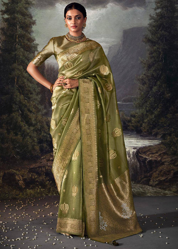 Avocado Green Zari Woven Organza Silk Saree with Swarovski Work | Stitched Blouse - qivii