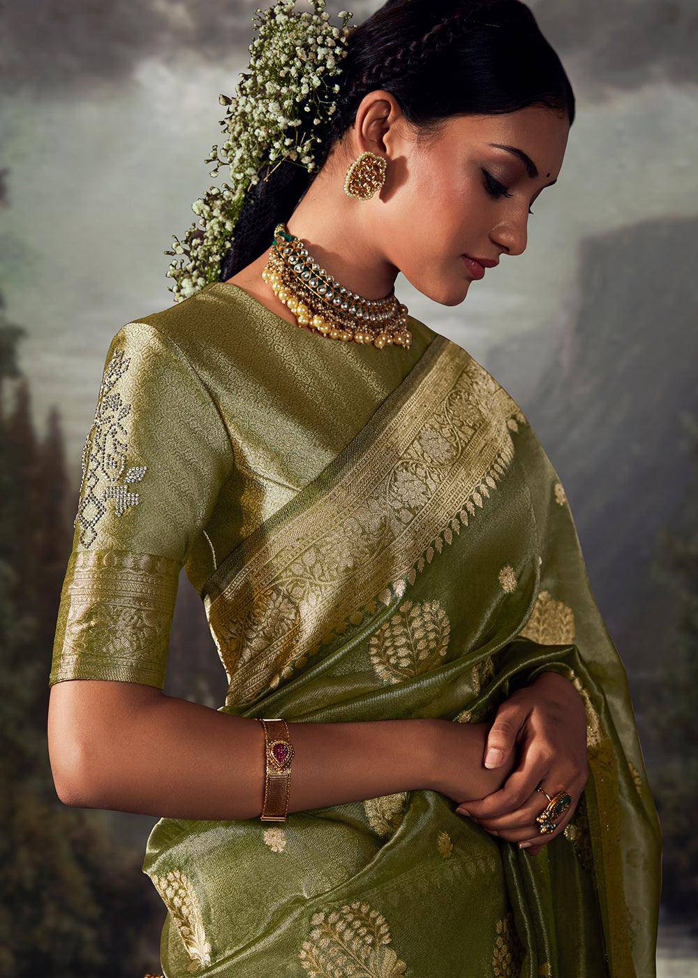 Avocado Green Zari Woven Organza Silk Saree with Swarovski Work | Stitched Blouse - qivii