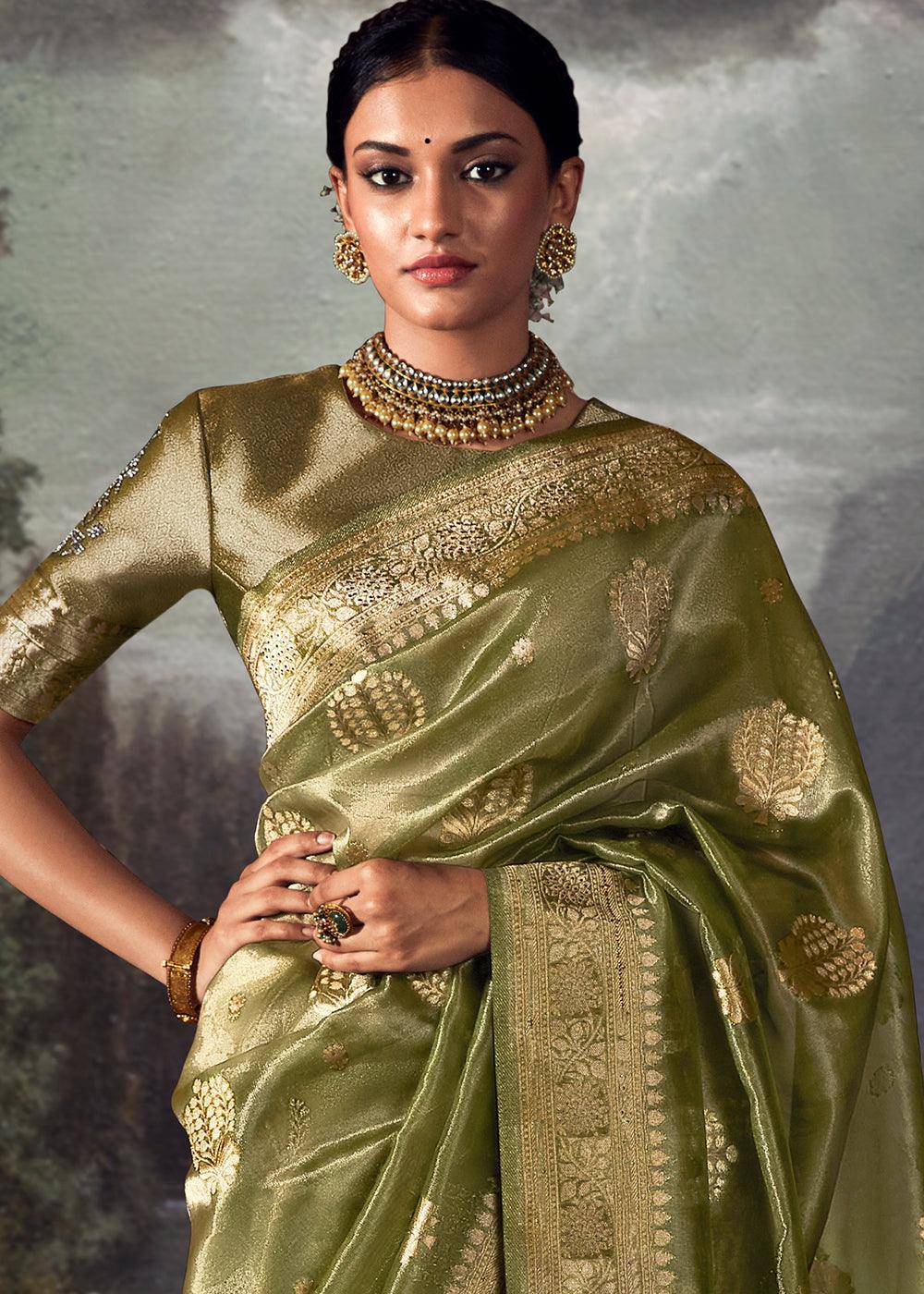 Avocado Green Zari Woven Organza Silk Saree with Swarovski Work | Stitched Blouse - qivii