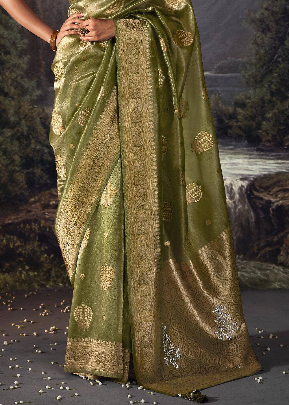 Avocado Green Zari Woven Organza Silk Saree with Swarovski Work | Stitched Blouse - qivii