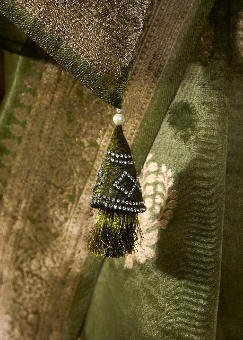 Avocado Green Zari Woven Organza Silk Saree with Swarovski Work | Stitched Blouse - qivii