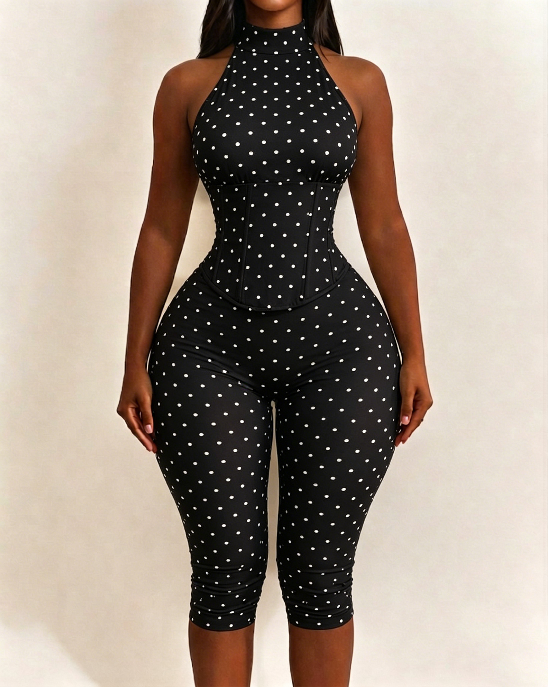 Polka Dot Halter Neck Hourglass Capri Jumpsuit with Detachable Corset Two-Piece Set  - By Qivii