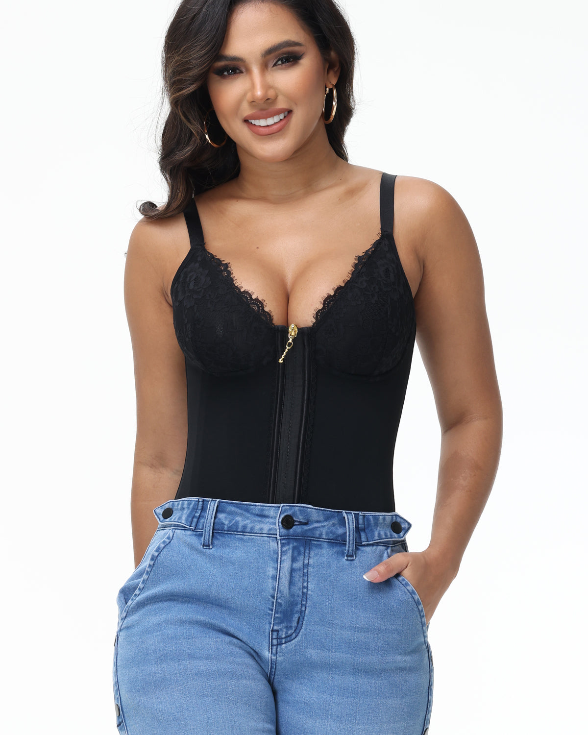 Shapshe® Deep V Lace Corset Top Trimmed Waist Trainer with Front Zipper  - By Qivii