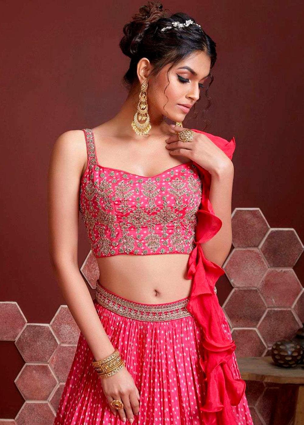 Azalea Pink Bandhani Printed Chinon Silk Lehenga Choli with Heavy Embroidery work - qivii