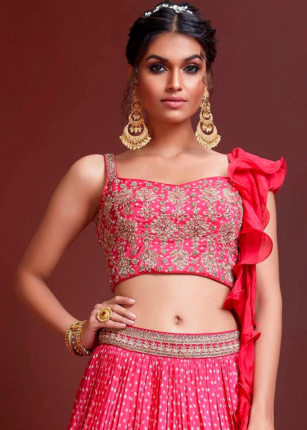 Azalea Pink Bandhani Printed Chinon Silk Lehenga Choli with Heavy Embroidery work - qivii