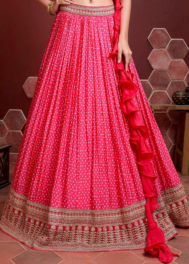 Azalea Pink Bandhani Printed Chinon Silk Lehenga Choli with Heavy Embroidery work - qivii