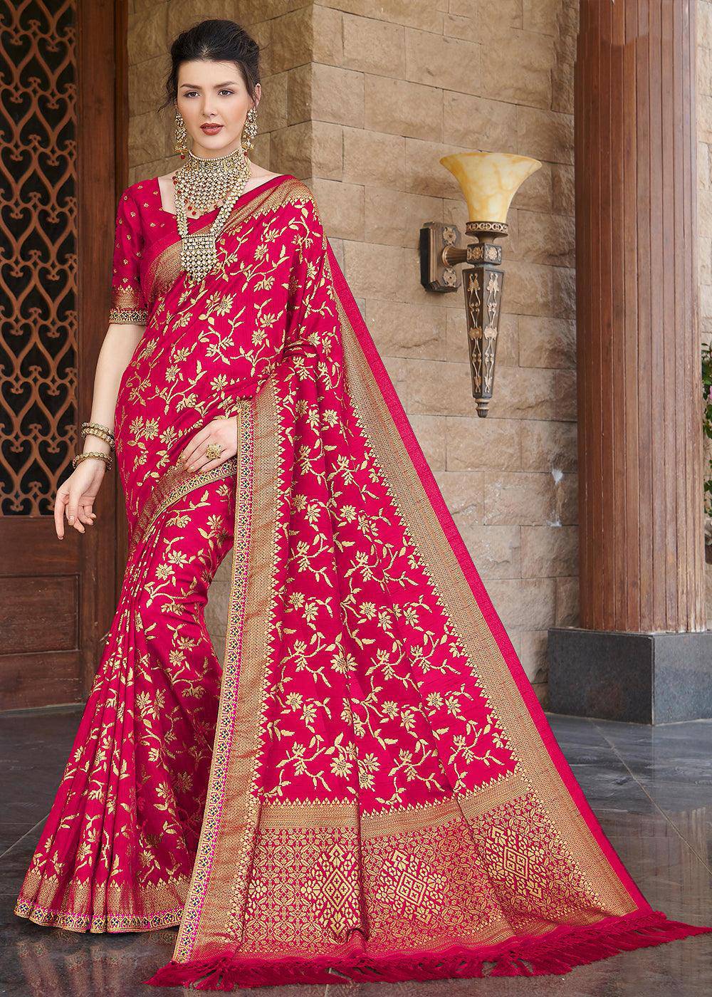 Azalea Pink Zari Woven Banarasi Silk Saree with Brocade Blouse | Stitched Blouse - qivii