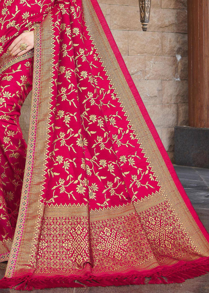 Azalea Pink Zari Woven Banarasi Silk Saree with Brocade Blouse | Stitched Blouse - qivii