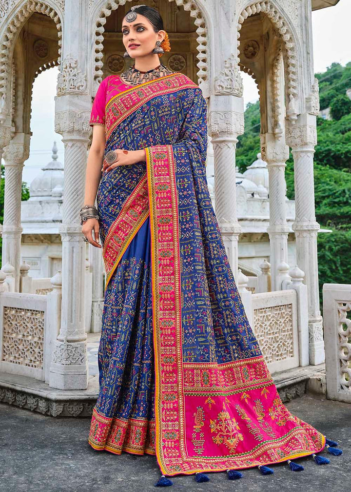 Azure Blue Banarasi Silk Saree with Mirror,Diamond & Pure Kachhi work | Stitched Blouse - qivii