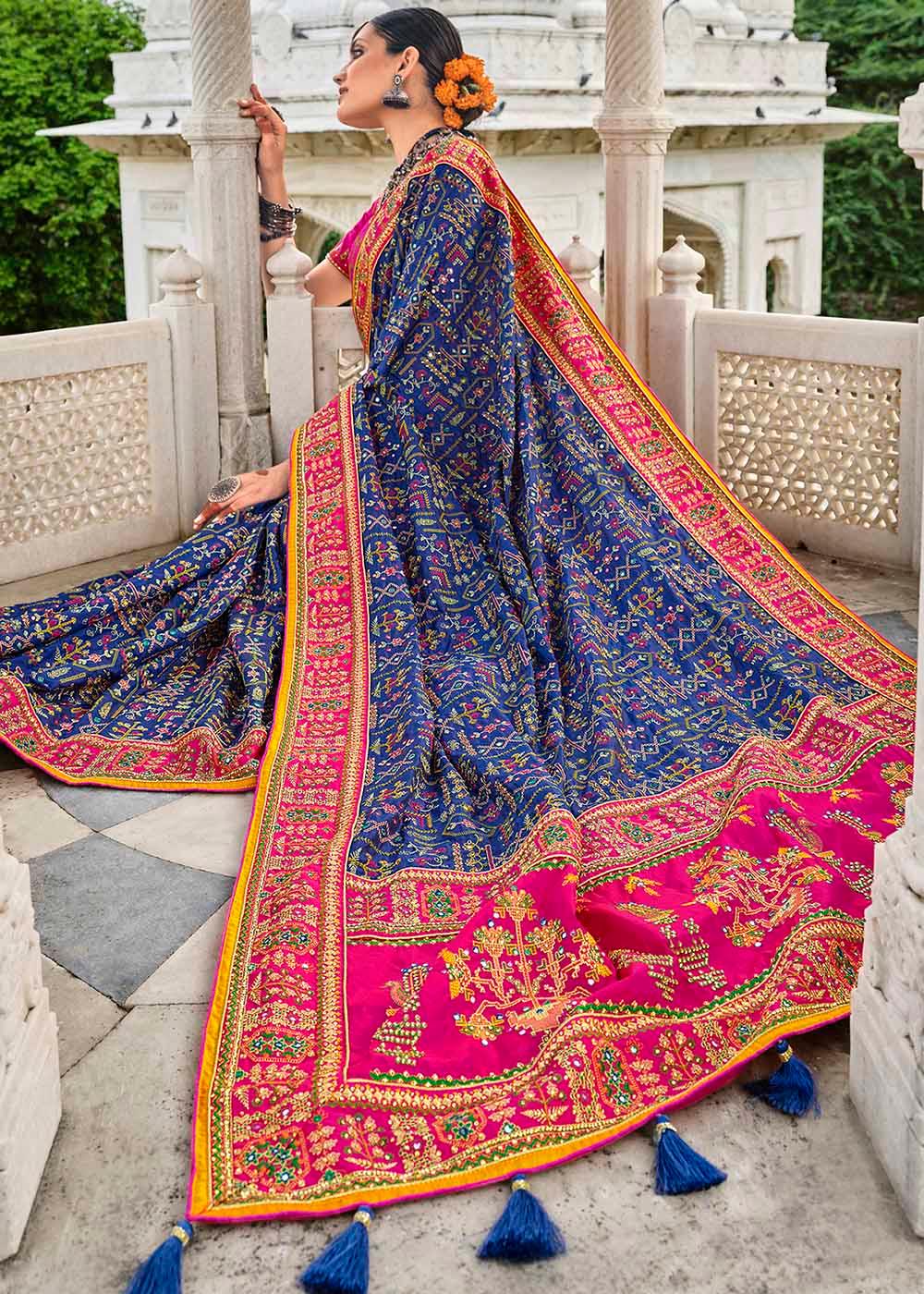 Azure Blue Banarasi Silk Saree with Mirror,Diamond & Pure Kachhi work | Stitched Blouse - qivii