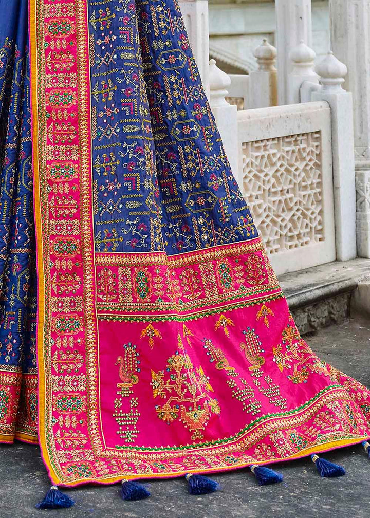 Azure Blue Banarasi Silk Saree with Mirror,Diamond & Pure Kachhi work | Stitched Blouse - qivii