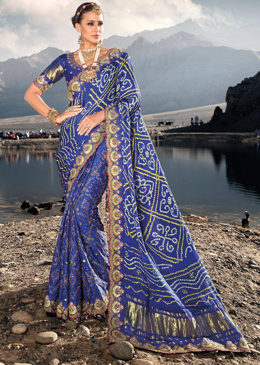 Azure Blue Bandhej Satin Silk Saree with Mirror,Moti & Cut-Dana Work | Stitched Blouse - qivii