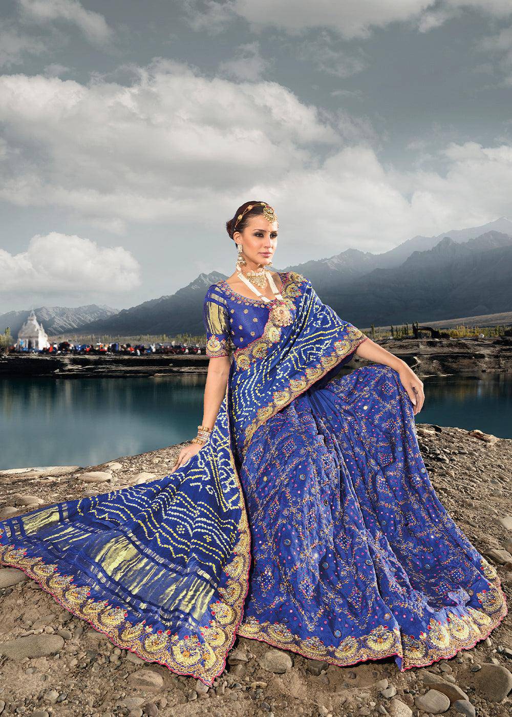 Azure Blue Bandhej Satin Silk Saree with Mirror,Moti & Cut-Dana Work | Stitched Blouse - qivii