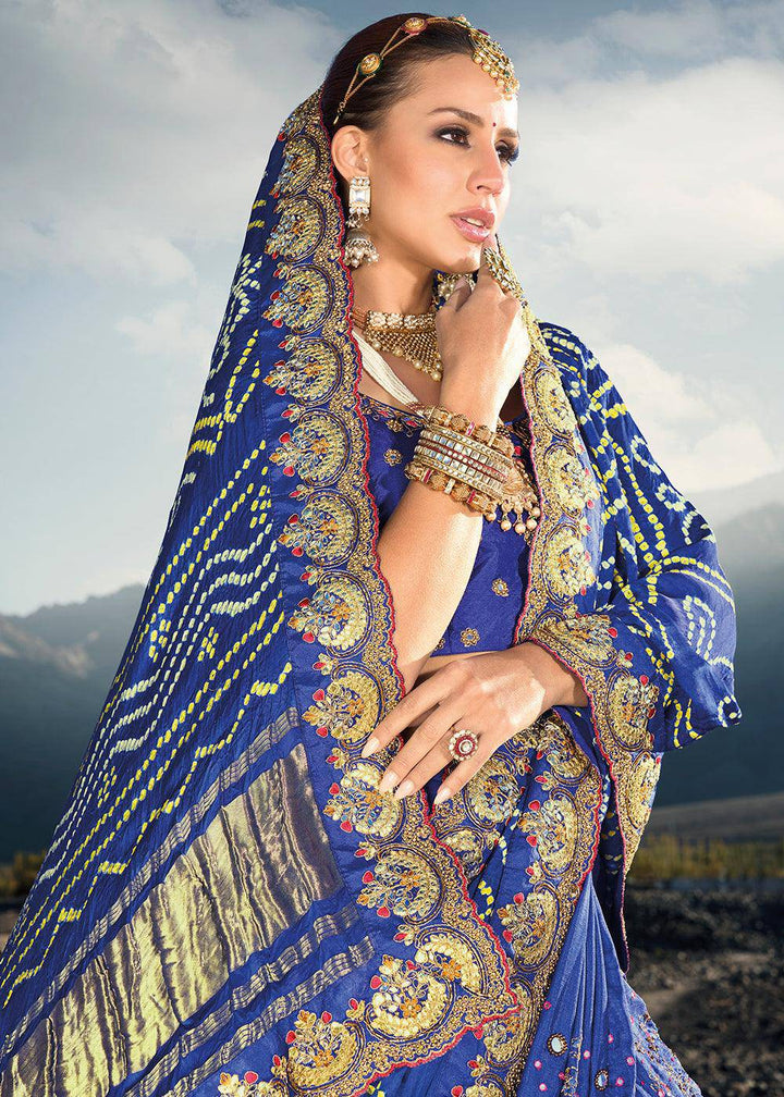 Azure Blue Bandhej Satin Silk Saree with Mirror,Moti & Cut-Dana Work | Stitched Blouse - qivii