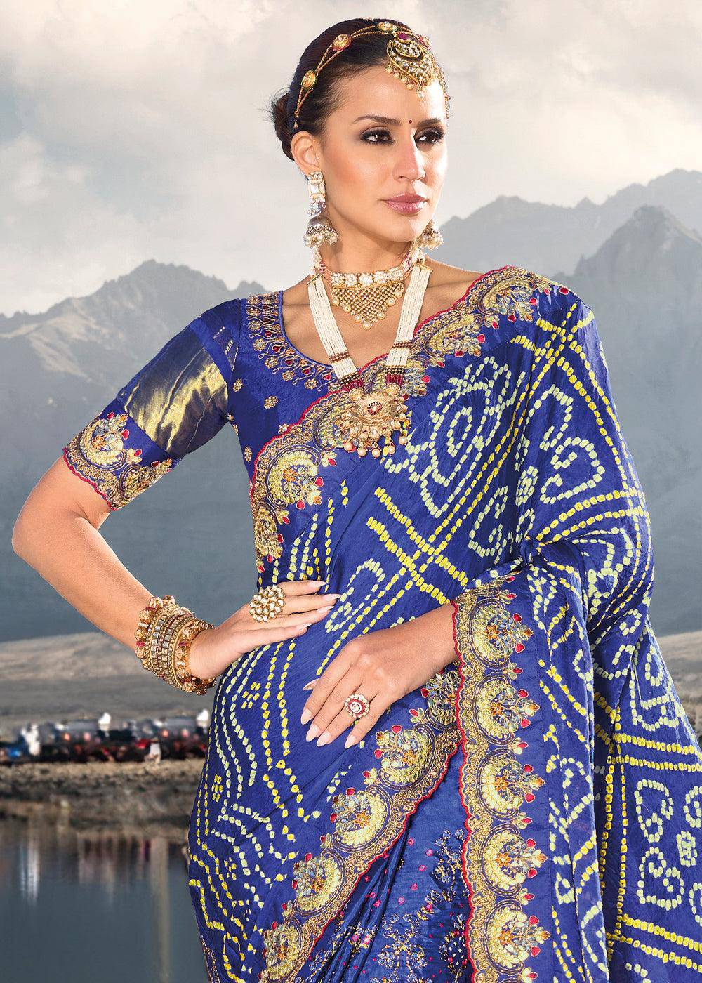 Azure Blue Bandhej Satin Silk Saree with Mirror,Moti & Cut-Dana Work | Stitched Blouse - qivii