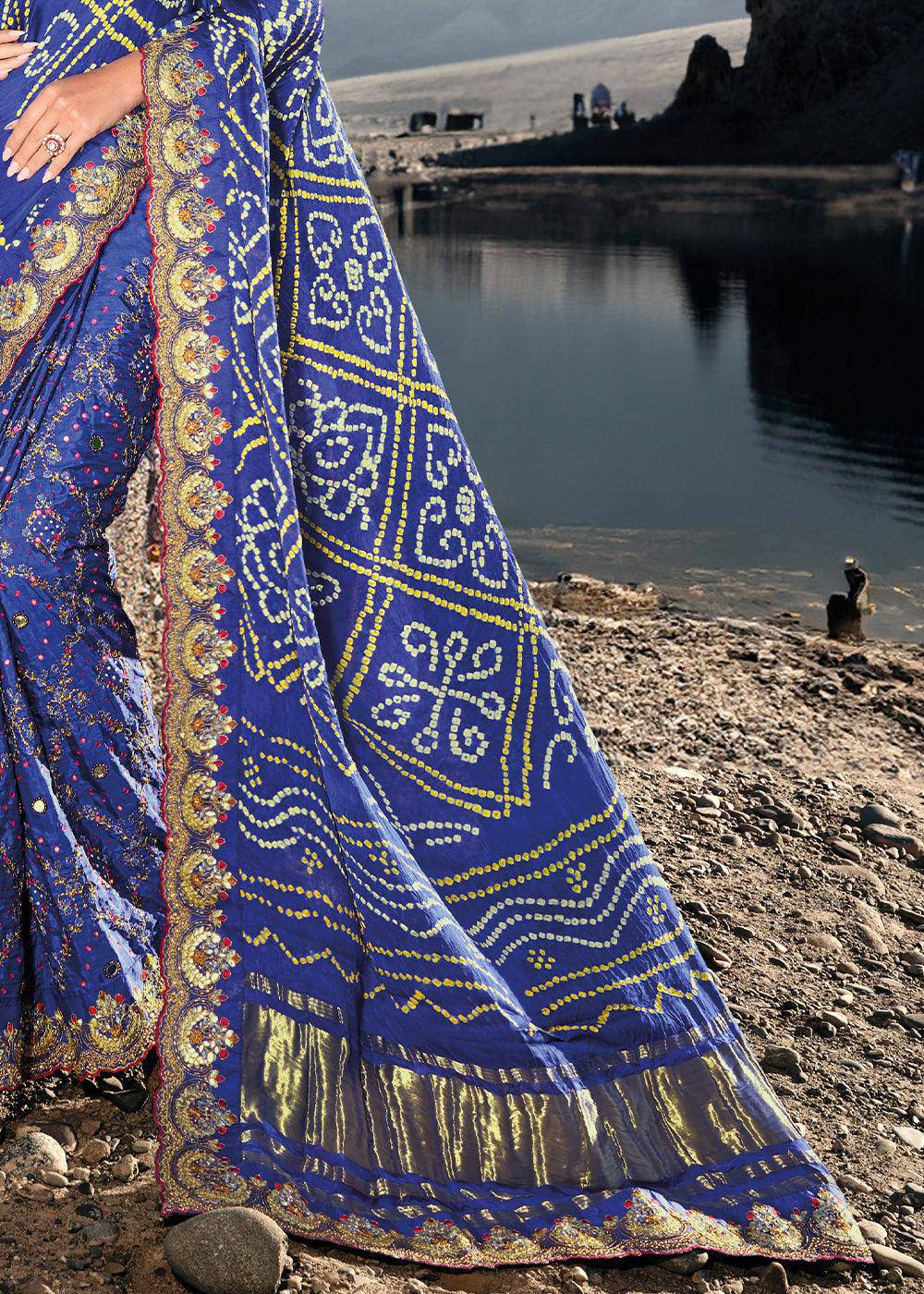 Azure Blue Bandhej Satin Silk Saree with Mirror,Moti & Cut-Dana Work | Stitched Blouse - qivii