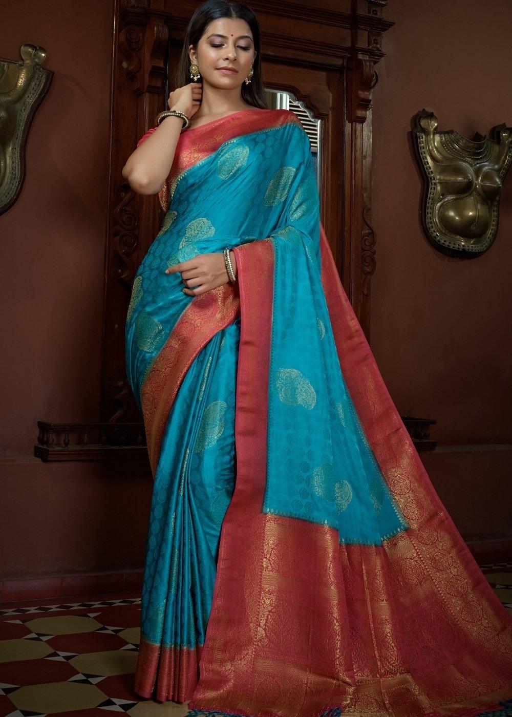 Azure Blue Designer Satin Silk Saree | Stitched Blouse - qivii