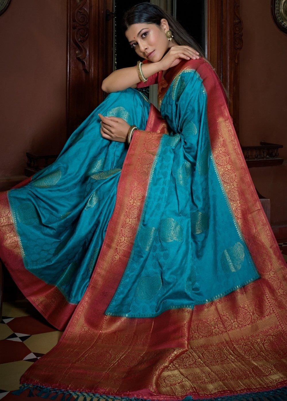 Azure Blue Designer Satin Silk Saree | Stitched Blouse - qivii