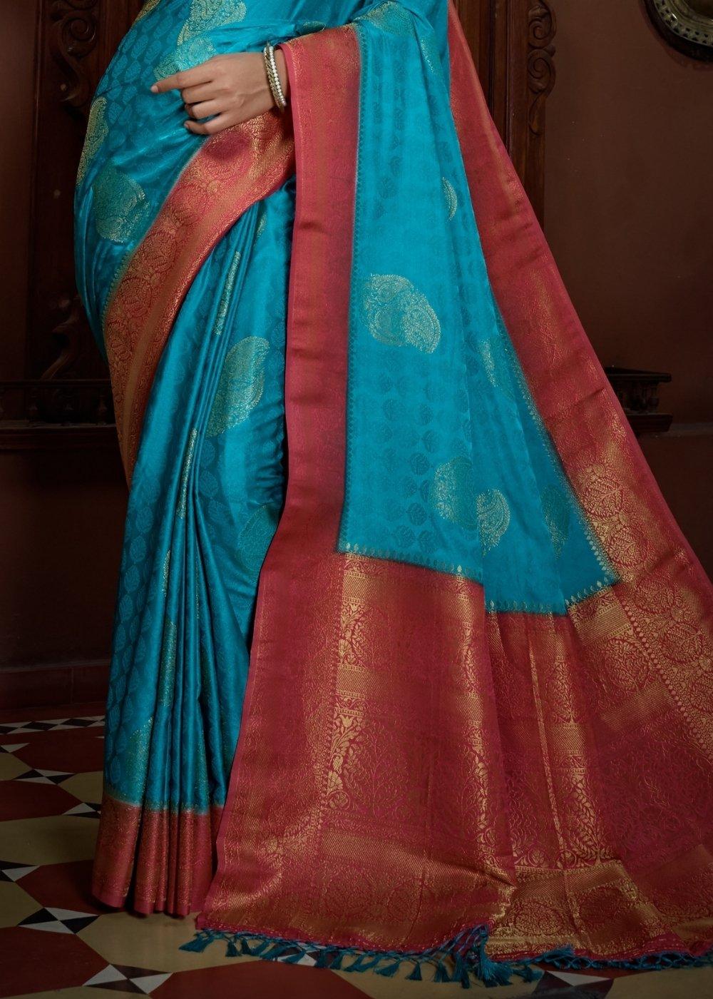 Azure Blue Designer Satin Silk Saree | Stitched Blouse - qivii