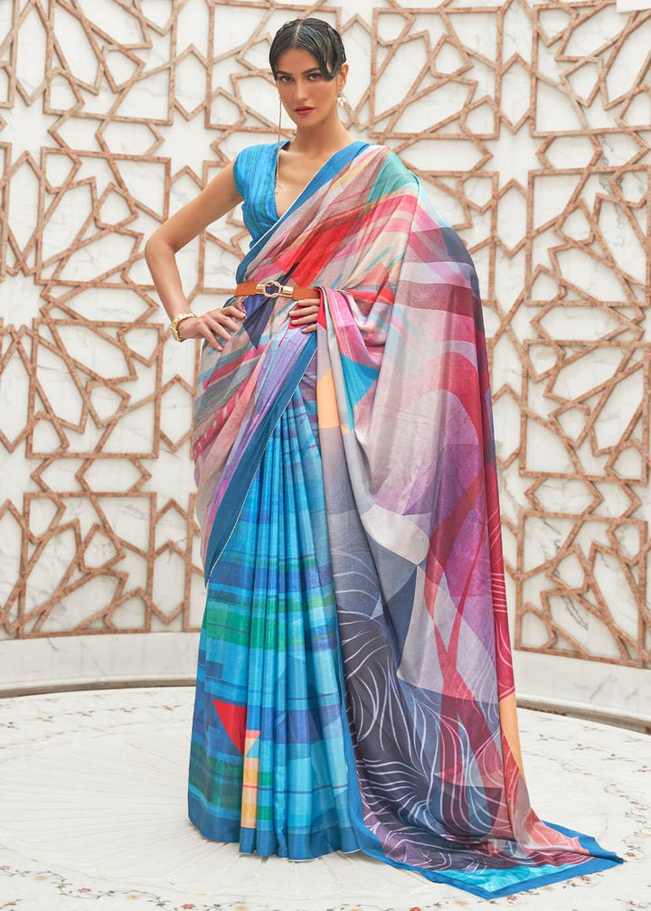 Azure Blue Digital Printed Crepe Silk Saree | Stitched Blouse - qivii