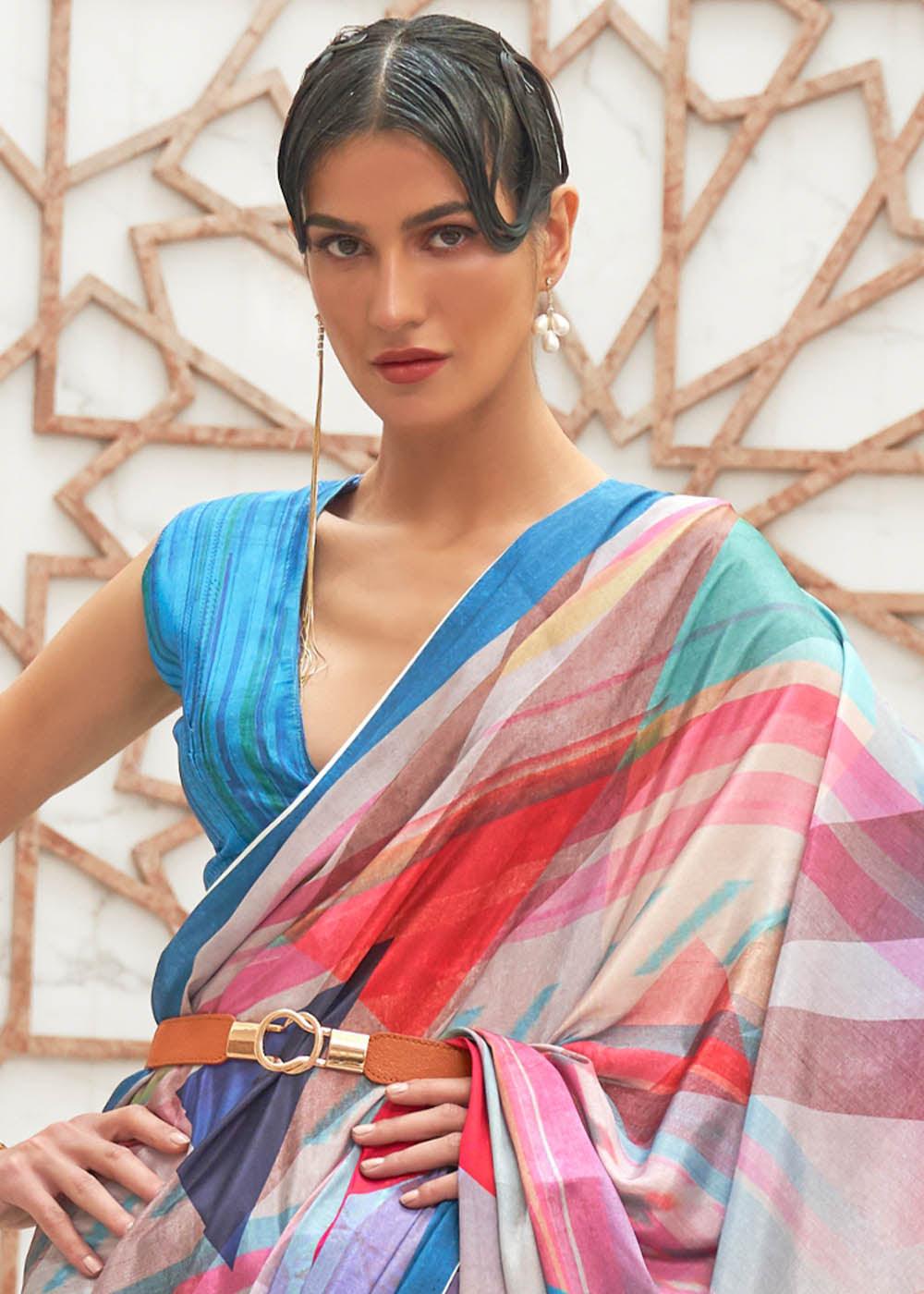 Azure Blue Digital Printed Crepe Silk Saree | Stitched Blouse - qivii