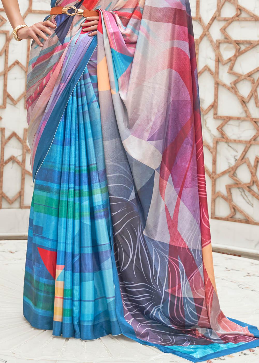 Azure Blue Digital Printed Crepe Silk Saree | Stitched Blouse - qivii