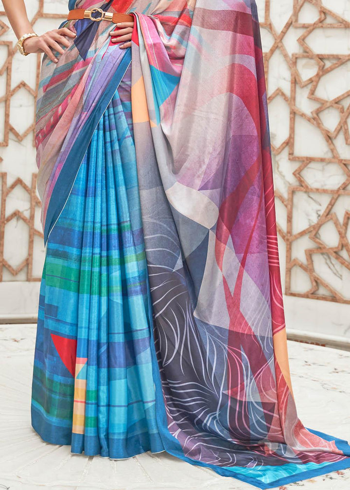 Azure Blue Digital Printed Crepe Silk Saree | Stitched Blouse - qivii