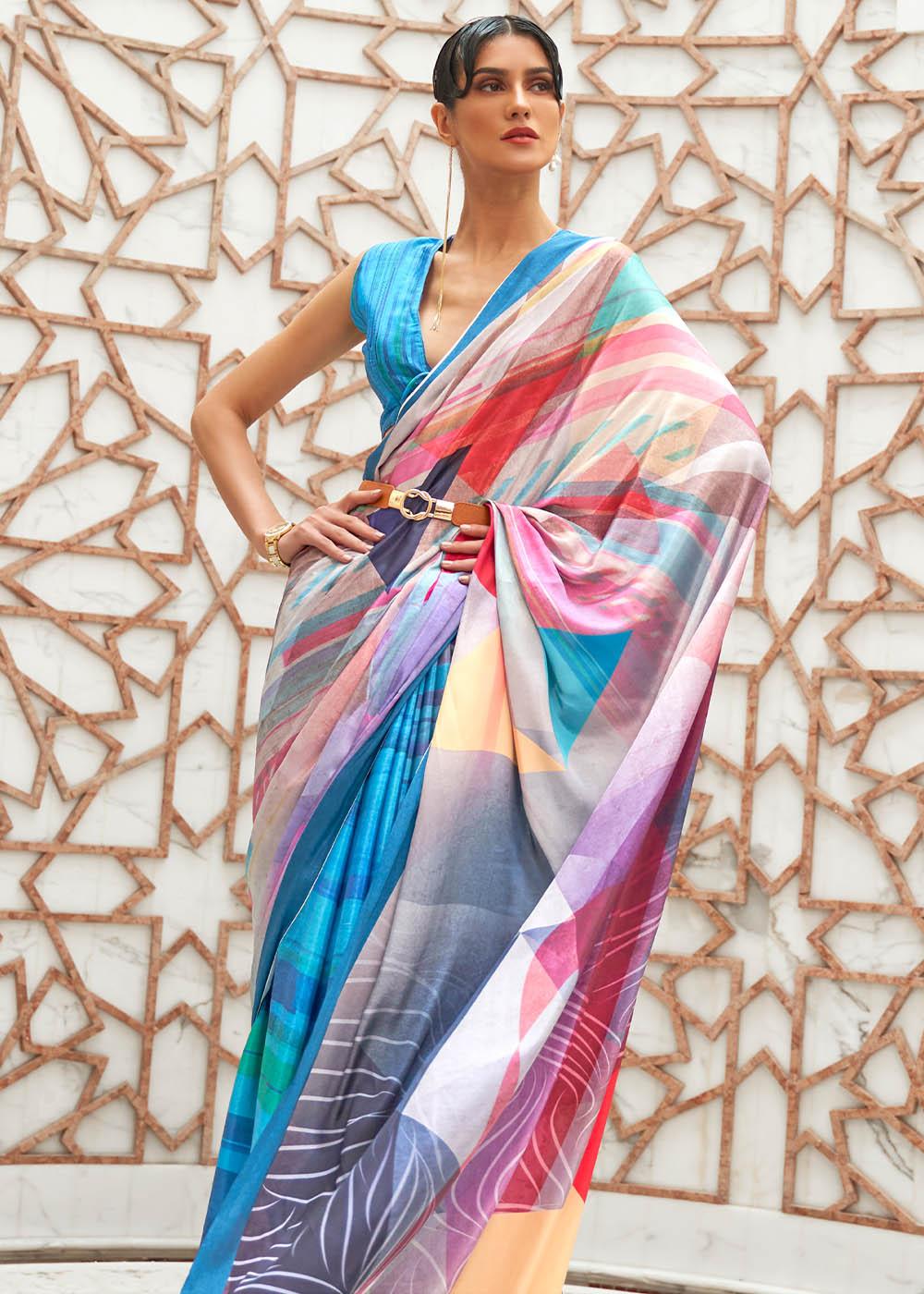 Azure Blue Digital Printed Crepe Silk Saree | Stitched Blouse - qivii