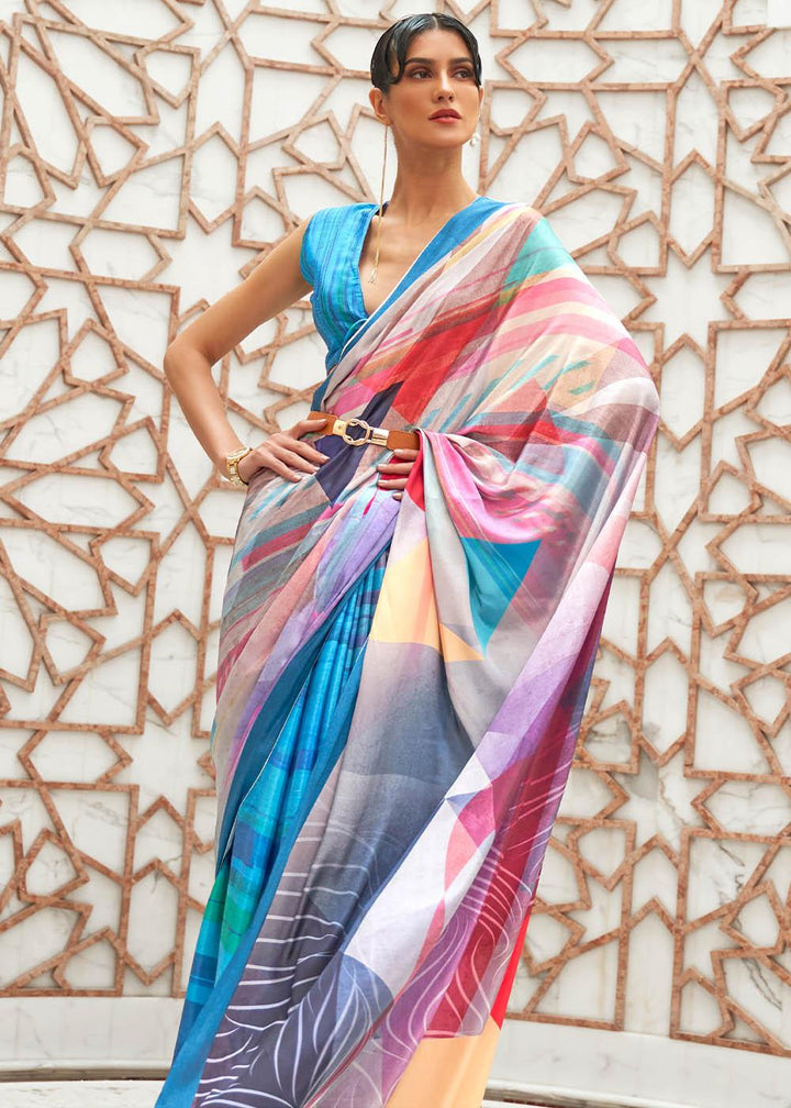 Azure Blue Digital Printed Crepe Silk Saree | Stitched Blouse - qivii