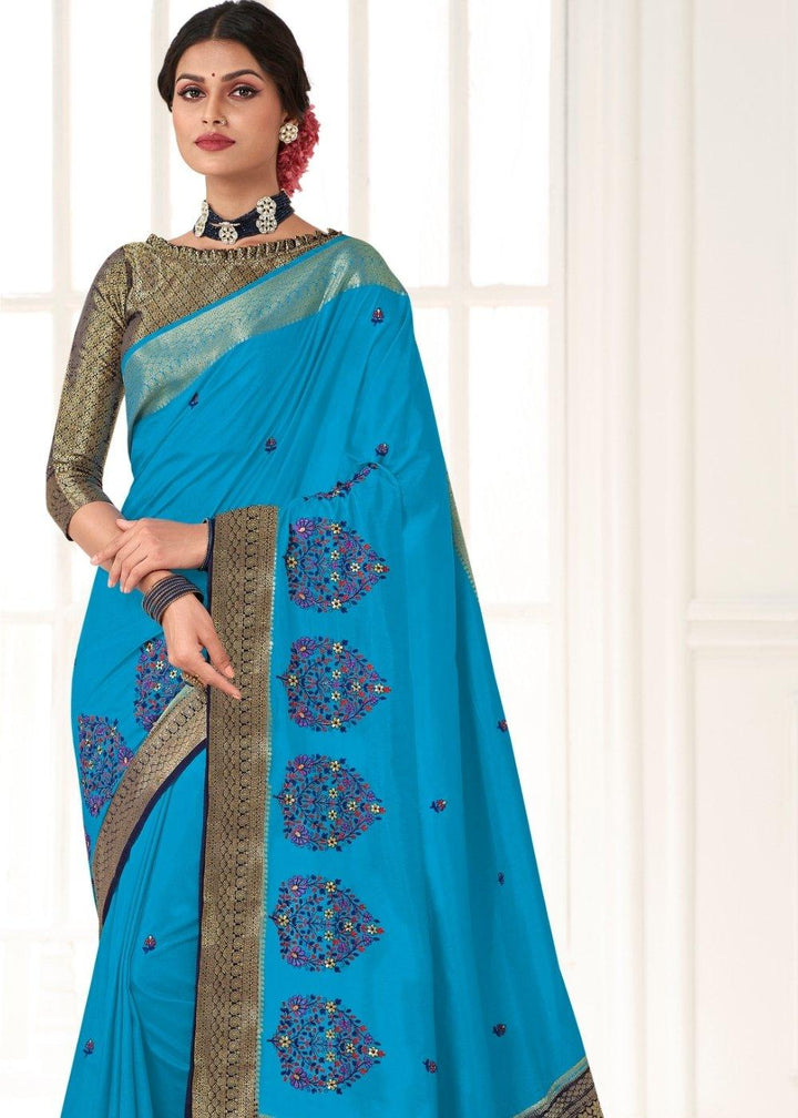 Azure Blue Dola Silk Saree with Embroidered Buttas & Zari Woven Pallu | Stitched Blouse - qivii