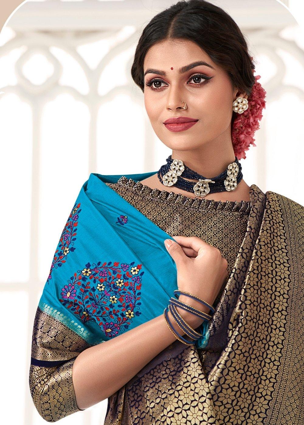 Azure Blue Dola Silk Saree with Embroidered Buttas & Zari Woven Pallu | Stitched Blouse - qivii