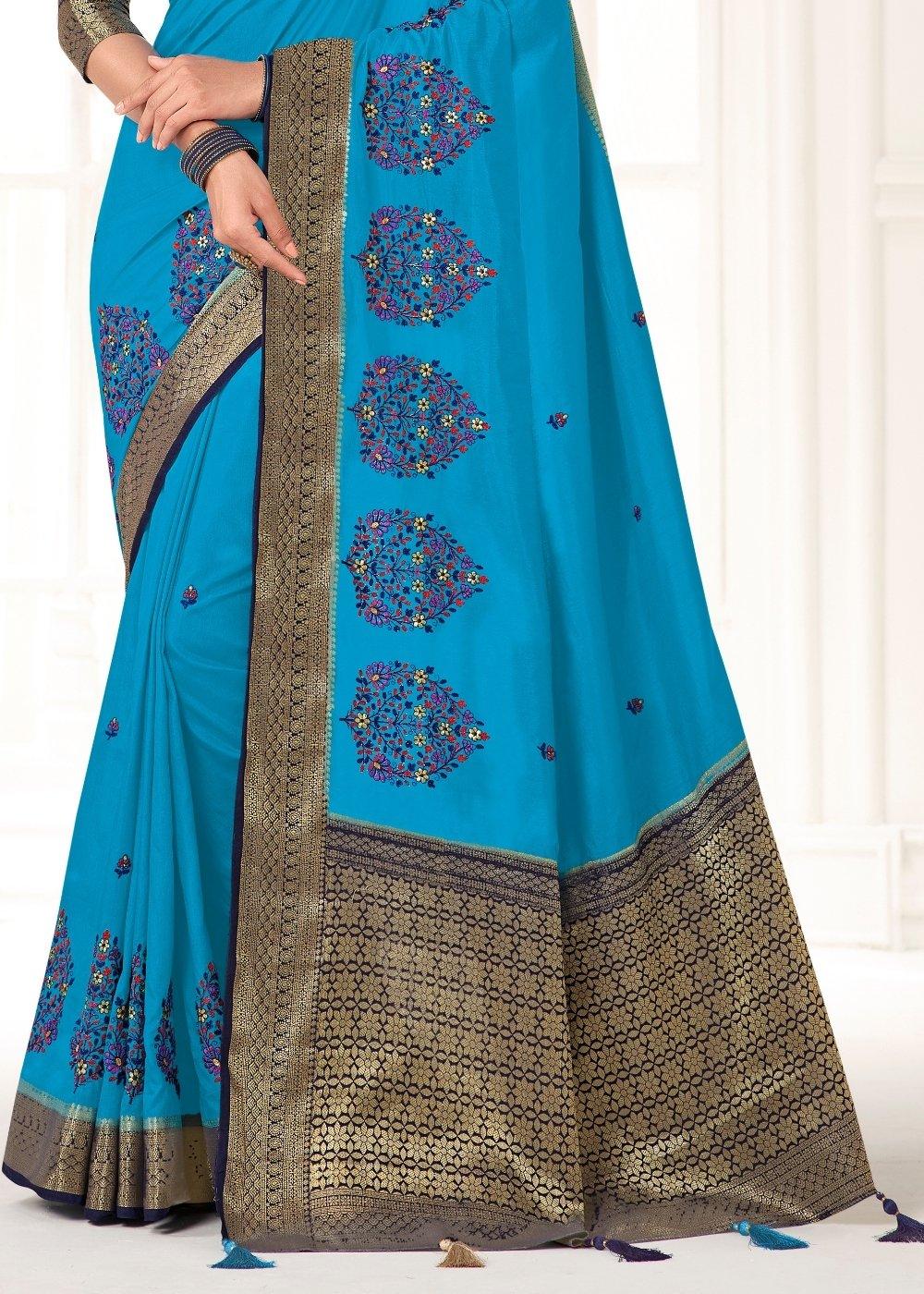 Azure Blue Dola Silk Embroidered Saree-Indian Saree-Wedding popular Saree