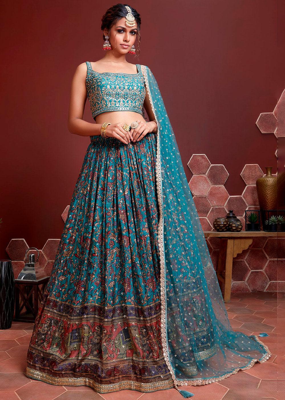 Azure Blue Floral Printed Chinon Silk Lehenga Choli with Sequins & Mirror work - qivii