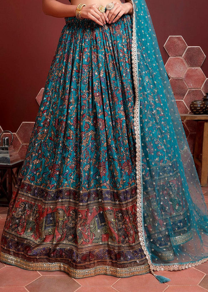 Azure Blue Floral Printed Chinon Silk Lehenga Choli with Sequins & Mirror work - qivii