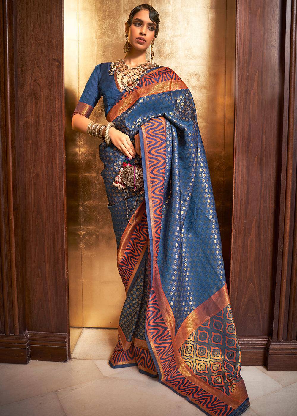 Azure Blue Handloom Woven Banarasi Silk Saree | Stitched Blouse - qivii