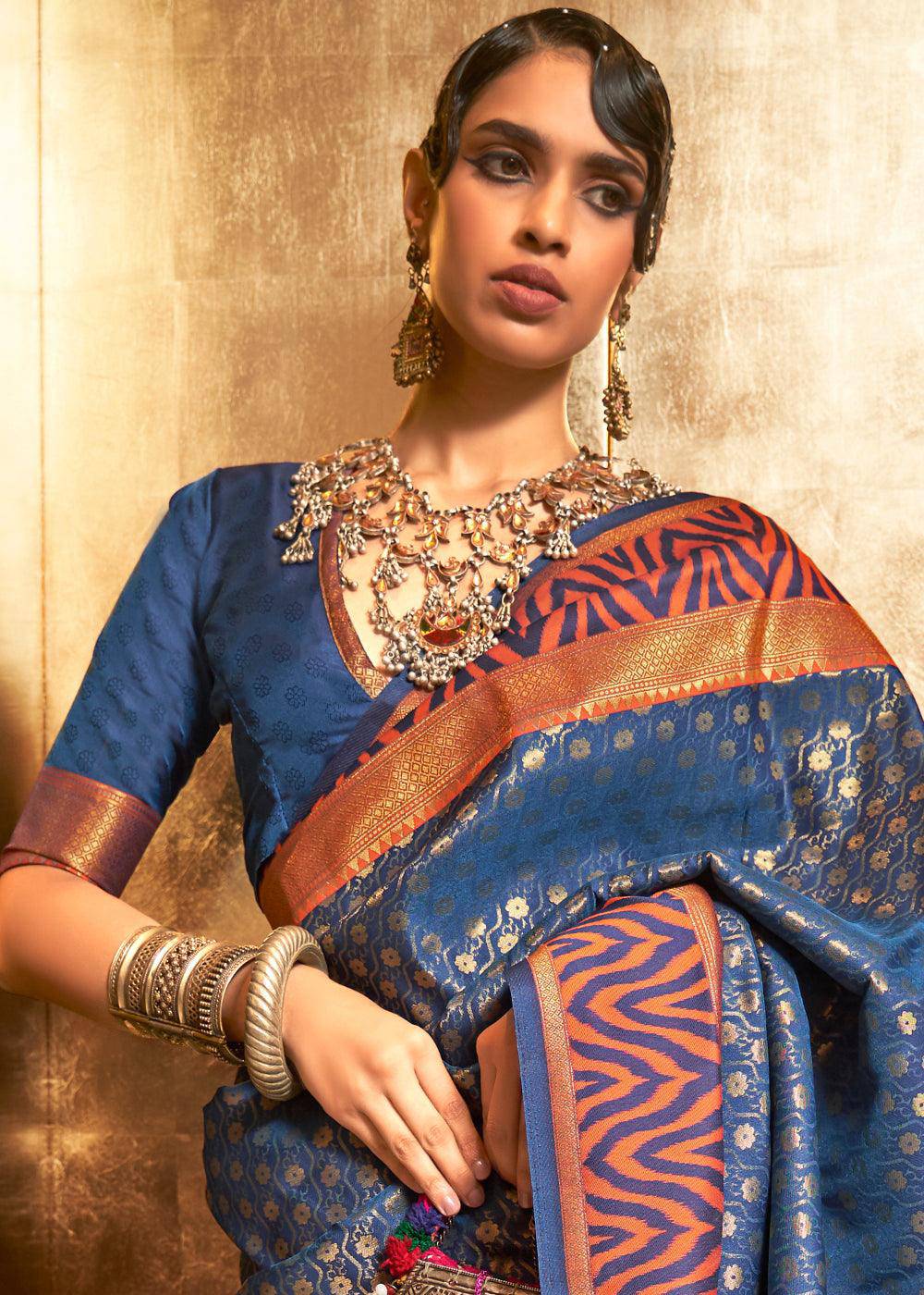 Azure Blue Handloom Woven Banarasi Silk Saree | Stitched Blouse - qivii