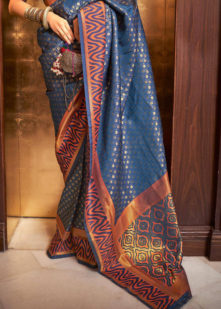 Azure Blue Handloom Woven Banarasi Silk Saree | Stitched Blouse - qivii