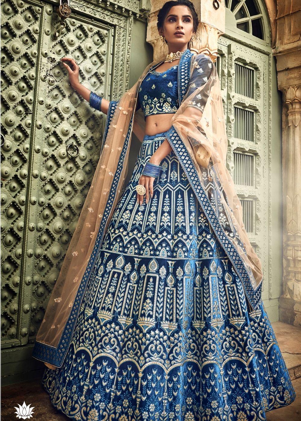 Azure Blue Velvet Lehenga Choli with Thread, Zari and Pure Gota work (Pre-Order) - qivii