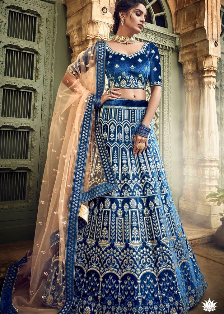 Azure Blue Velvet Lehenga Choli with Thread, Zari and Pure Gota work (Pre-Order) - qivii