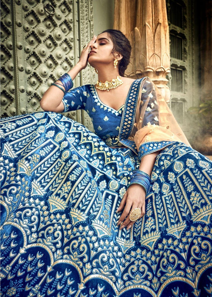 Azure Blue Velvet Lehenga Choli with Thread, Zari and Pure Gota work (Pre-Order) - qivii