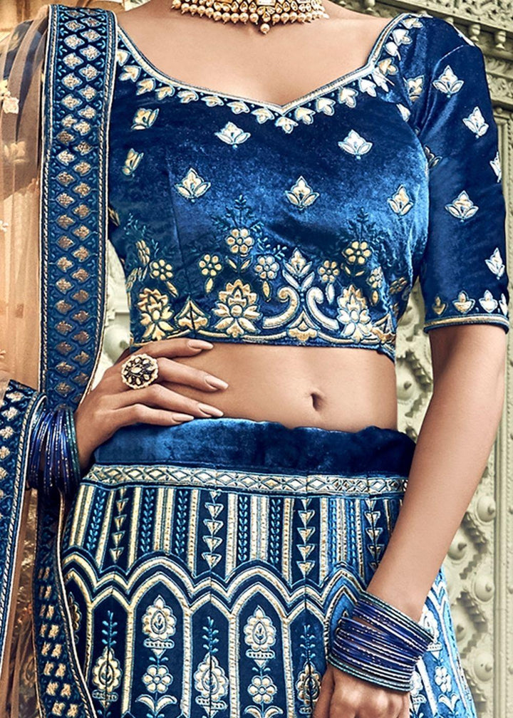 Azure Blue Velvet Lehenga Choli with Thread, Zari and Pure Gota work (Pre-Order) - qivii