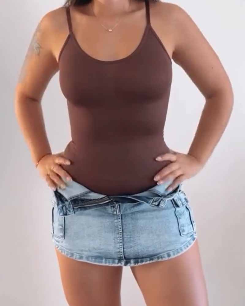 Seamless Round Neck Tummy Control Thong Tank Top Body Shaper Bodysuits  - By Qivii